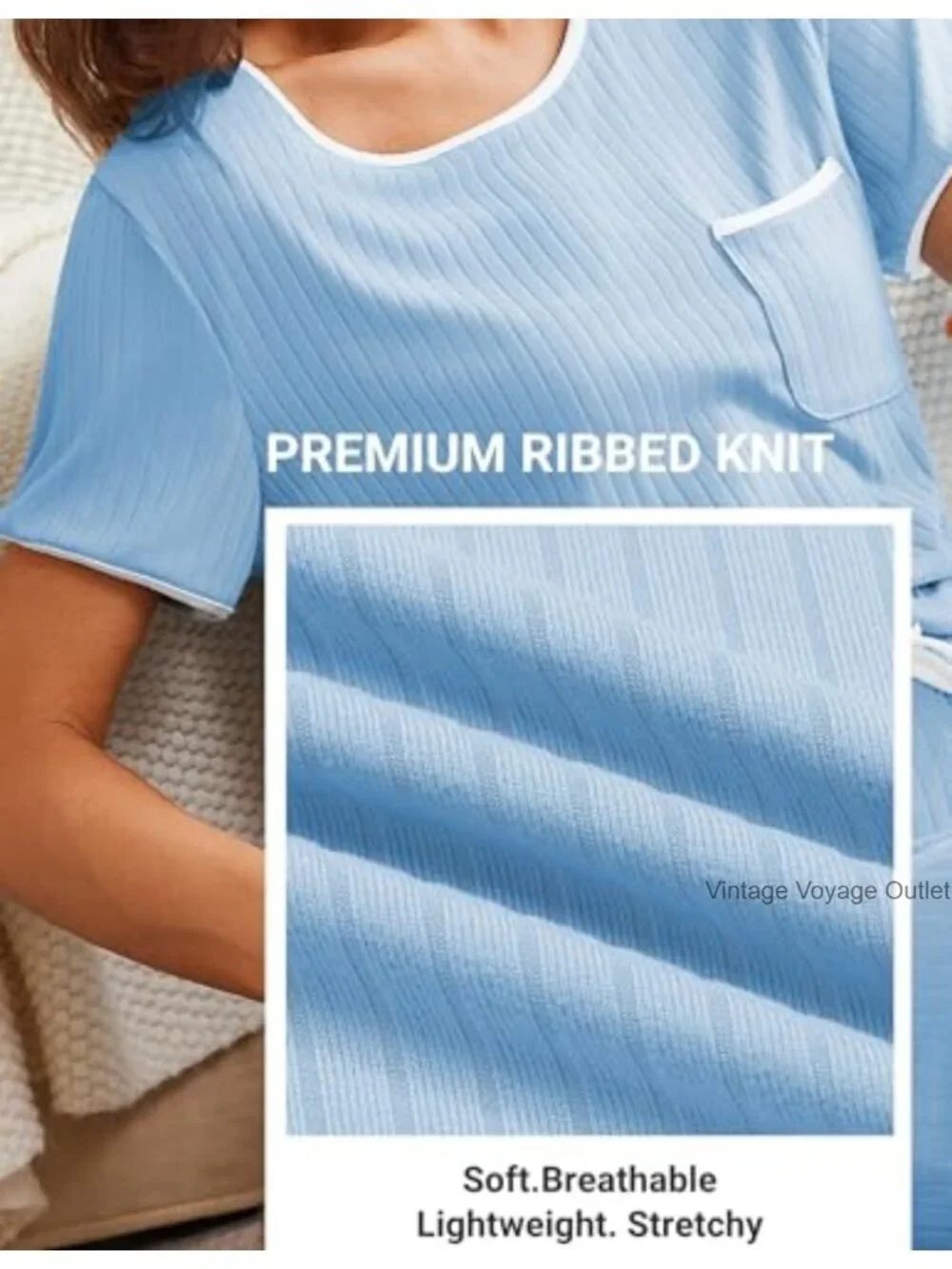 Ribbed Knit Pajama Set Short Sleeve Top & Drawstring Shorts Lounge